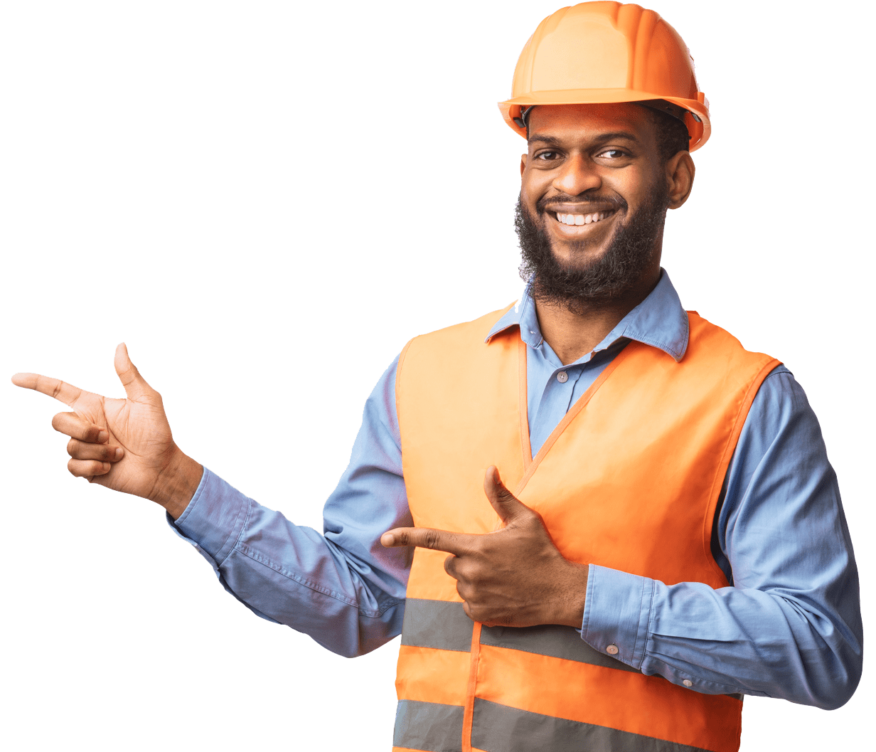 A man wearing an orange safety vest and a hard hat